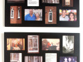 A close-up view of the framed photograph collages on the left wall of the entry to the bathrooms in the Social Hall.