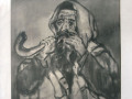 A close-up view of the signed and numbered, black and white drawing of a rabbi blowing the shofar, on the right wall of the library.