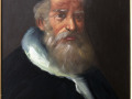 A close-up view of the signed, framed painting of a rabbi, on the right wall of the library.