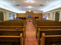 A view of the sanctuary, looking from the back of the sanctuary toward the front of the sanctuary.