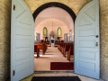 Looking into the sanctuary from outside the front doors.