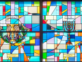 A close-up view of the third and fourth stained-glass panels, from left to right, on the large stained-glass panel at the back of the sanctuary.