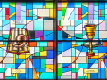 A close-up view of the fifth and sixth stained-glass panels, from left to right, on the large stained-glass panel at the back of the sanctuary.