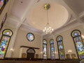 A view of the ceiling and ceiling light in the sanctuary.