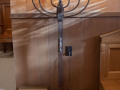 A close-up view of the standing menorah to the right of the bema.