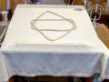A close-up view of the handmade cloth covering the pulpit. This pulpit cloth was made by a member of the congregation.